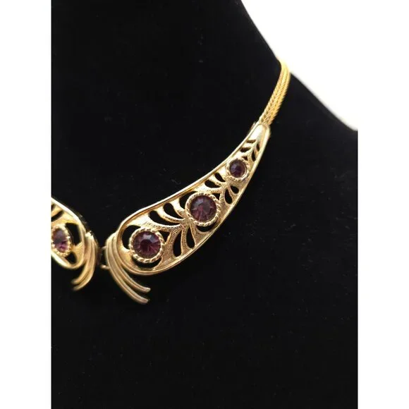 Vtg Gold-Tone Hollywood Regency Statement Necklace w/ Garnet Colored Gemstones - Picture 3 of 5